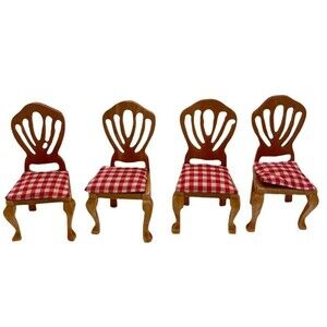 Vintage Dollhouse Miniature Wooden Chairs Lot 4 Red White Gingham Farmhouse 1:12